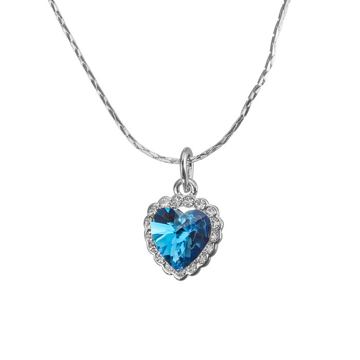 Blue Crystal Heart Pendant Necklace - White Gold Plated